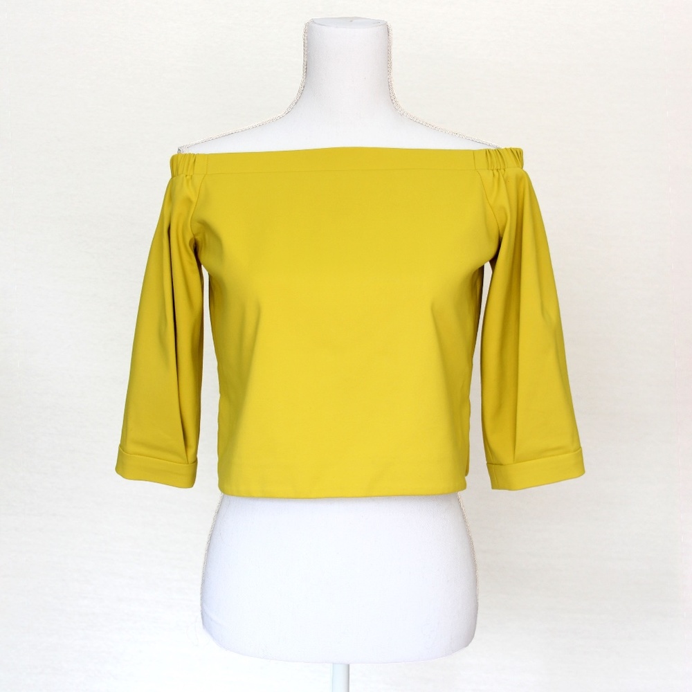 TIBI Off-The-Shoulder Three-Quarter Sleeve Yellow Crop Top